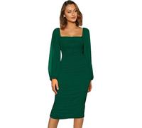 Haibang Vestidos de Fiesta Mujer Elegantes Manga Larga Vestido Largo de Malla con Cuello Cuadrado Vestido Sexy Ajustado Bodycon Ruched Midi Vestido para Fiesta Cóctel Noche Club Ceremonia