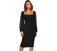 Haibang Vestidos de Fiesta Mujer Elegantes Manga Larga Vestido Largo de Malla con Cuello Cuadrado Vestido Sexy Ajustado Bodycon Ruched Midi Vestido para Fiesta Cóctel Noche Club Ceremonia