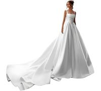 HAIBFJIN Vestido de novia de satén vestidos de novia blancos con tren vestidos de novia sin tirantes para mujer elegante vestido de novia, Blanco E, 40