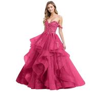HAIBFJIN Volantes Tul Vestidos De Noche Hombros Descubiertos Vestidos De Quinceañera Vestido De Bola Largo Apliques De Encaje Vestido De Novia, fucsia, 54
