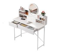 Haibinsuo Escritorio de maquillaje, mesa de tocador para dormitorio, tocador de esquina redondeada, escritorio de maquillaje con espejo iluminado LED, 4 cajones y estantes de apertura, 3 modos de