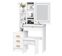 Haibinsuo - Escritorio de tocador con espejo deslizante y luces, mesa de maquillaje, taburete acolchado, dormitorio, conjunto de cajones, estanterías, espacio de almacenamiento blanco