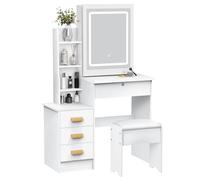 Haibinsuo Escritorio de tocador con espejo deslizante y luces, tocador con taburete acolchado, tocador de maquillaje con 5 cajones y juego de tocador, 3 modos de iluminación y brillo ajustable para