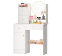 Haibinsuo Escritorio grande redondo LED con puerta y 4 cajones, tocador de maquillaje para dormitorio, con luz ajustable, estantes abiertos, espacioso, sin silla, color blanco
