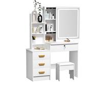 Haibinsuo Escritorio LED de tocador con luces de espejo y taburete, tocador de maquillaje, 4 cajones de almacenamiento, muebles de tocador blancos para dormitorio, baño, espacio pequeño, brillo