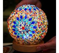 HAIDOLIANG Lámpara de mesa turca (11.9 cm de profundidad x 13.2 cm de alto), lámparas de cristal de mosaico con base de madera, lámparas bohemias Tiffany, linterna marroquí de alimentación USB para