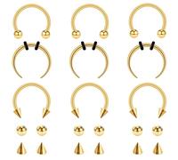 HaiFafafaing 9 anillos de herradura para tabique de 16 g, oro de acero quirúrgico, joyería para tabique de nariz con bolas y pinchos, mordida de serpiente, aretes de herradura, aro para cejas, tragus