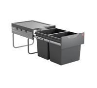 Hailo cubo de basura 3641521 | tándem ahorro de espacio 2x 18 litros | para armarios a partir de 40 cm con puerta abatible | 346 x 475 x 336 mm | piezas plástico gris oscuro | piezas metal plata |