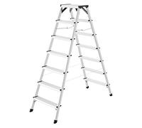 Hailo D60 StandardLine - Escalera Doble de Aluminio (2 x 7 peldaños, hasta 150 kg, Patas con Suela de Agarre Suave, con Refuerzos estables en Las Esquinas, Aluminio Inoxidable), Color Plateado