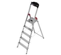 Hailo L60 - Escalera doméstica de aluminio, bandeja multifuncional, gancho para cubo y pinza para cable (5 peldaños)