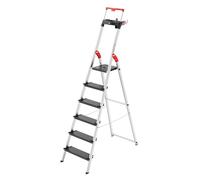 Hailo Topline - Escalera de Tijera (6 peldaños de Seguridad XXL, hasta 150 kg, Aluminio con Soporte Extensible y Bloqueo de Plataforma, Escalera de Aluminio Plegable, Modelo L100), Color Negro