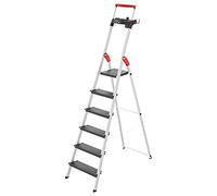 Hailo Topline - Escalera de Tijera (6 peldaños de Seguridad XXL, hasta 150 kg, Aluminio con Soporte Extensible y Bloqueo de Plataforma, Escalera de Aluminio Plegable, Modelo L100), Color Negro