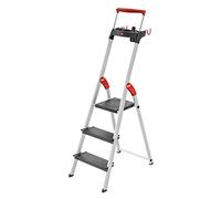 Hailo Topline L100 Escalera de tijera de aluminio de seguridad, 3 peldaños XXL de hasta 150 kg, escalera de pie con soporte extensible, bloqueo de plataforma, muchos accesorios, escalera de aluminio
