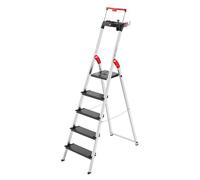 Hailo Topline L100 - Escalera de tijera de aluminio de seguridad, 5 peldaños XXL de hasta 150 kg, con barra de sujeción extensible, bloqueo de plataforma, muchos accesorios, escalera de aluminio
