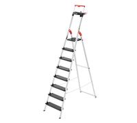 Hailo Topline L100 - Escalera de tijera de aluminio de seguridad, 8 peldaños XXL de hasta 150 kg, con barra de sujeción extensible, bloqueo de plataforma, muchos accesorios, escalera de aluminio