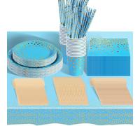 hailstones 226 Piezas Azul Claro Vajilla Fiesta Cumpleaños, Platos y Vaso Cumpleaños Infantil, Juego de vajilla Fiestas Platos Desechable Servilletas para Party Decoración Baby Shower -25 Invitado