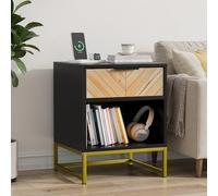 HAINEW 1 mesita de noche con 1 cajón, mesita de noche con compartimentos de almacenamiento abiertos para dormitorio y salón, 43 x 40 x 55 cm, color negro y natural, HD26042105
