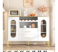 HAINEW Aparador con 2 puertas de cristal y 2 cajones, armario de cocina, armario de comedor, armario de almacenamiento con botellero para salón, comedor, blanco+dorado, 120 × 38 × 90 cm