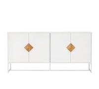 HAINEW Armario de cocina con 4 puertas y tiradores de madera, armario auxiliar con base de metal para salón comedor, color blanco, 160 × 40 × 75,5 cm