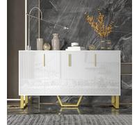 HAINEW Armario de cocina moderno de alto brillo con 4 puertas, armario buffet con patas de metal doradas y tiradores de metal para cocinas, salón, 140 × 40 × 80 cm, color blanco