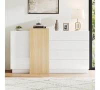 HAINEW Cómoda moderna con 2 puertas y 4 cajones, color blanco brillante, para cocina, salón, dormitorio, 150 × 37,5 × 87 cm