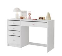 HAINEW Escritorio para ordenador con 5 cajones y mango rosa, mesa de oficina, mesa de trabajo, tocador para salón, dormitorio, estudio u oficina, 120 × 45 × 74 cm, color blanco