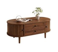 HAINEW HD26052602 - Mesa de centro ovalada con 2 cajones y 2 puertas correderas, mesa auxiliar con esquinas redondeadas, 100 x 50 x 40 cm, HD26052602 (nogal)
