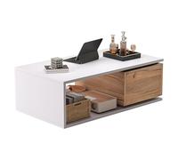 HAINEW HNDE25122202 - Mesa de centro con cajón giratorio 360°, color blanco y madera, 90 x 50 x 30 cm, color blanco