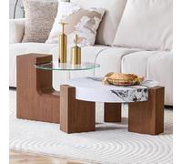 HAINEW Juego de 2 mesas de café redondas de cristal, juego de 2 mesas auxiliares, para salón y dormitorio, 61 × 61 × 30 cm+44 × 18,7 × 44 cm, HD26051314 (nogal + blanco)