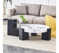 HAINEW Juego de 2 mesas de café redondas de cristal, juego de 2 mesas auxiliares, para salón y dormitorio, 61 × 61 × 30 cm+44 × 18,7 × 44 cm, HD26051314 (negro + blanco)