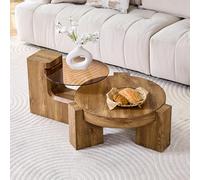 HAINEW Juego de 2 mesas de café redondas de cristal, juego de 2 mesas auxiliares, para salón y dormitorio, 61 × 61 × 30 cm+44 × 18,7 × 44 cm, HD26051314 (madera)