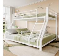 HAINEW Litera de metal, 140 x 200 cm y 90 x 200 cm, con escalera y protección anticaída, de hierro, funcional, con somier de láminas, para 2 a 3 niños, color blanco
