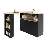 HAINEW Mesa de bar extensible con 2 puertas correderas de cristal y 2 puertas de madera, moderno aparador con espacio de almacenamiento abierto, mesa auxiliar giratoria 360° para salón, cocina (negro)