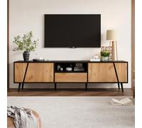 HAINEW Mueble bajo para TV con 2 puertas trapezoidales y 1 cajón, mesa de TV, mueble con compartimento de almacenamiento abierto para salón, dormitorio, color negro y madera, 180 x 40 x 46 cm