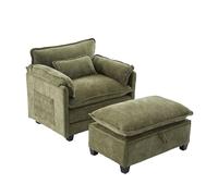 HAINEW Sillón de relax individual con reposapiés y bolsillos laterales, sillón tapizado con espacio de almacenamiento para salón, dormitorio, 103 × 139 × 91 cm, tejido chenilla (oliva)