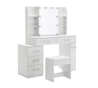 HAINEW Tocador con espejo deslizante y 6 cajones, mesa de maquillaje, tocador con estante abierto y taburete, blanco, 100 x 40,5 x 136 cm, HD26012705