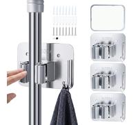 Hainue 4 Colgador Escobas y Fregonas,Soporte de Pared Para Pscobas sin Taladro,Resistente Colgadores Escoba y Fregonas Adhesivo(tornillos incluidos),para Cocina Baño y Garaje, Gris