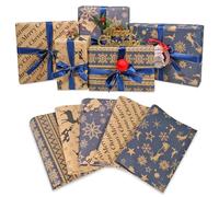 haipicho Hojas de papel de regalo de Navidad, papel kraft reciclado, 5 diseños temáticos de Navidad azul marino, 10 hojas, 70 x 50 cm por hoja