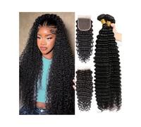 Hair Extensions Extensiones de cabello humano virgen brasileño con ondas profundas y cierre 4x4, 3 mechones con parte de encaje y extensiones de cabello Remy rizado. Braid Extensiones(14 14 14 Closure