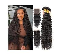 Hair Extensions Paquetes de cabello humano rizado con cierre, paquetes de ondas profundas con cierre de encaje 4x4, cabello virgen brasileño Braid Extensiones(32 32closure22)