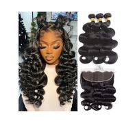 Hair Extensions Paquetes de ondas corporales con extensiones de cabello humano real de 13x4 con frente, tejido de cabello Remy brasileño, 3 paquetes con encaje frontal y parte libre. Braid Extensiones