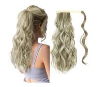 Hair Extensions Synthetic Long Wavy Ponytail Hairpiece Wrap On Clip Hair Extensions With Bangs Clips Front Two Side Fringe For Women(Mix ash blonde,20inches)