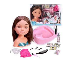 Hair Salon - Busto Morena con Lavacabezas Funcional, Incluye Champú Especial, Tratamientos, Mascarillas, Toalla Turbante, Peine y Gomas para Crear Infinitos Peinados, +3 años, Famosa (NACB2000)