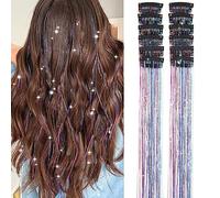 Hair Tinsel Pack of 12 Pcs Clip in Hair Tinsel 20 Inch Colorful Glitter Tinsel Hair Extensions Tinsel Fairy Hair Party Dazzle Hair Accessories Strands Kit for Women Girls Kids(12Pcs,Colorful#)