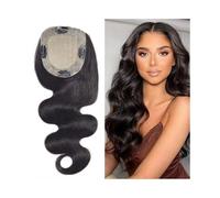 Hair Topper Adorno de cabello humano for mujer, 12 x 13 cm, base piel seda, piezas con PU 2 alrededor y 4 clips, adorno virgen europeo ondas corporales negras naturales Comodidad(12 inches)