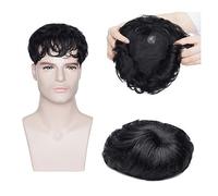 Hair Toupee men 16×19cm Cabello indio Toupee for hombres Mono Mecanismo Sistema de cabello ondulado natural 150% Densidad #1 Postizo negro azabache Prótesis Peluca for extensiones de cabello masculino