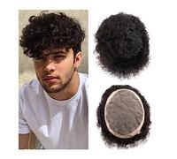 Hair Toupee men Afro Curly Toupee Male Human Hair System Unidades Mono fino y NPU Piel fina Hombres Toupee Indian Remy Hair 6" Water Curly Men Hairpiece Toupee para hombres (Color: Cabello ondulado