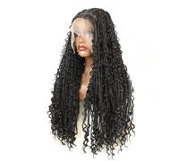 Hair Wigs Peluca trenzada de 13x6 - Peluca sintética de encaje suizo atada a mano con trenza bohemia para mujer Pelucas(Black,16inch)