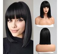 HAIRCUBE Bob Bob WIG con flequillo, peluca corta negra para mujeres pelucas de bob heterosexuales Peluca sintética resistente al calor Mia Wallace Cleopatra Cospaly Daily Party Cosplay Uso 12 "