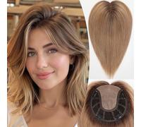 HAIRCUBE Cubrecabello 100 % humano para mujer, 7 x 7 pulgadas, gran cobertura, color rubio ceniza degradado, sin flequillo, para mujeres, con cobertura de pelo delgado, raíces grises
